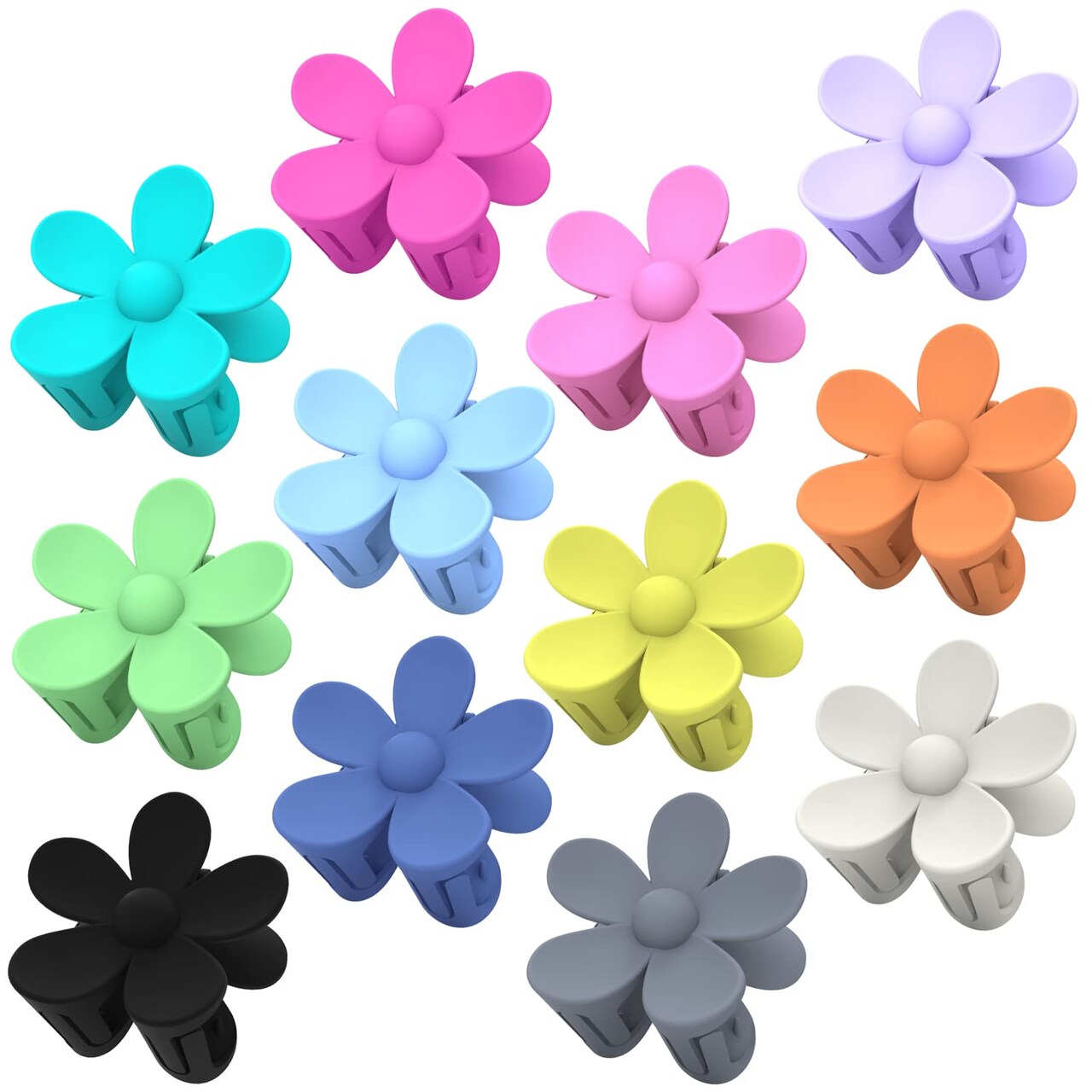 12Pcs Colorful Flower Hair Clips (Cyan, Green, Rose Red, Black, Etc.)